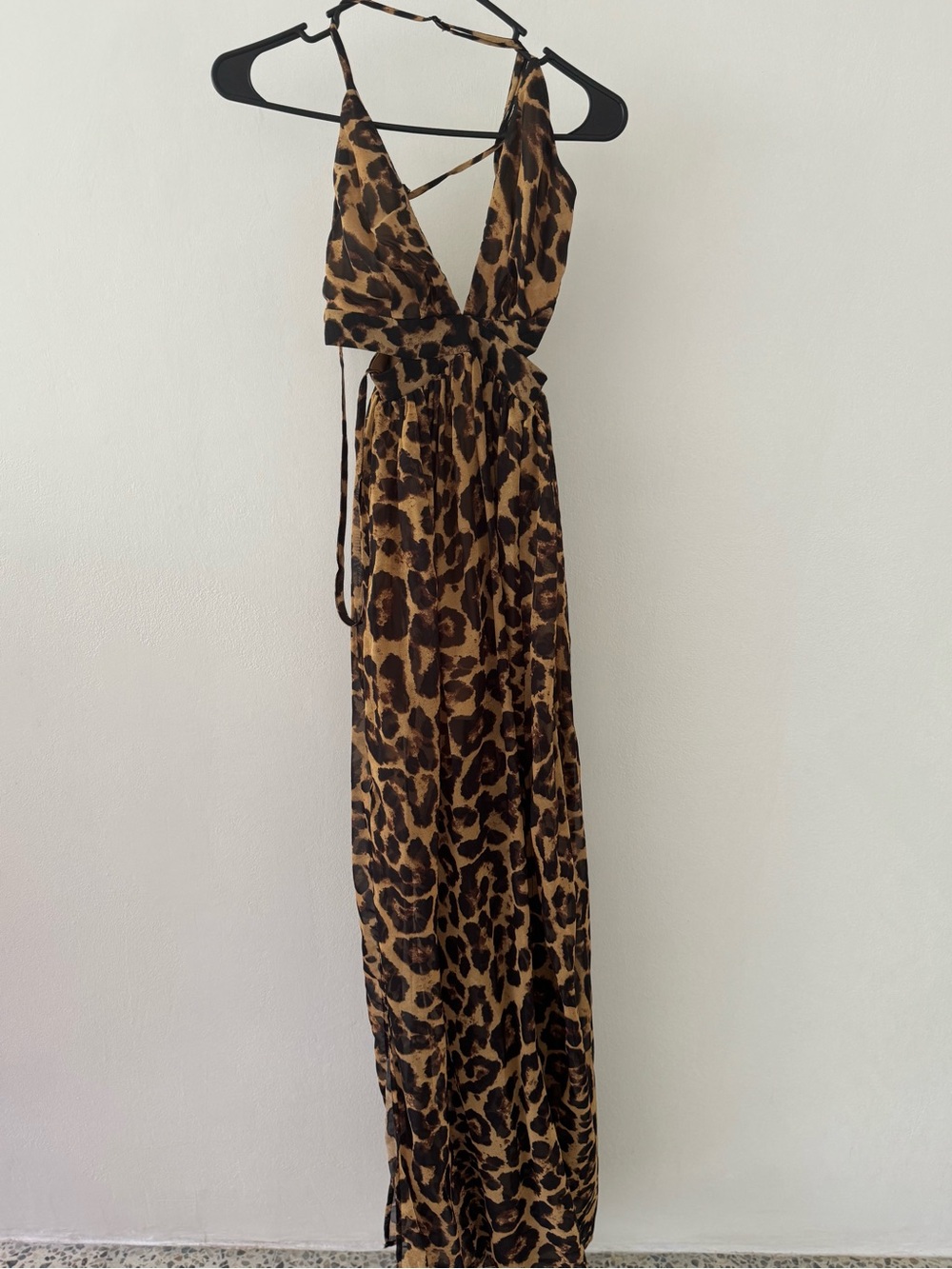 Leopard-Print Maxi Dress with Deep V and Crisscross Back